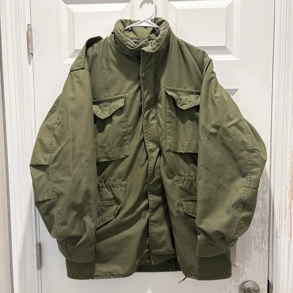 Vintage 80s US Army OG 107 Field Jacket Olive Green Military Coat Medium Long